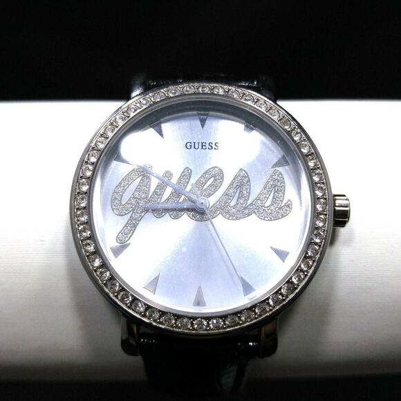GUESS Wristwatch Logo Dial Rhinestones, Black Leather Strap, G76072L, 9 Inches - Picture 6 of 11